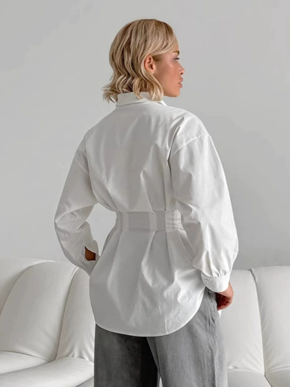 Forever 21 Slim Fit Pleated Waist Long White Shirt Spring Layering - Picture 5 of 6
